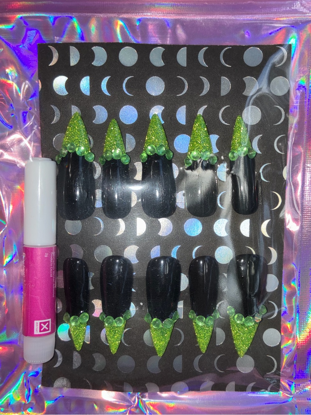 Wicked Neon Green & Glossy Black Rhinestone Press-On Nails | Custom Fake Nails